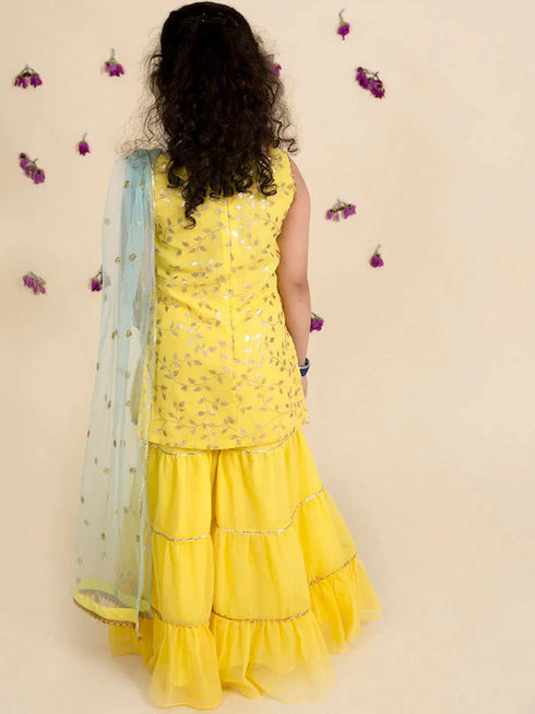 Girls Yellow Embroidered Kurti With Sharara With Dupatta